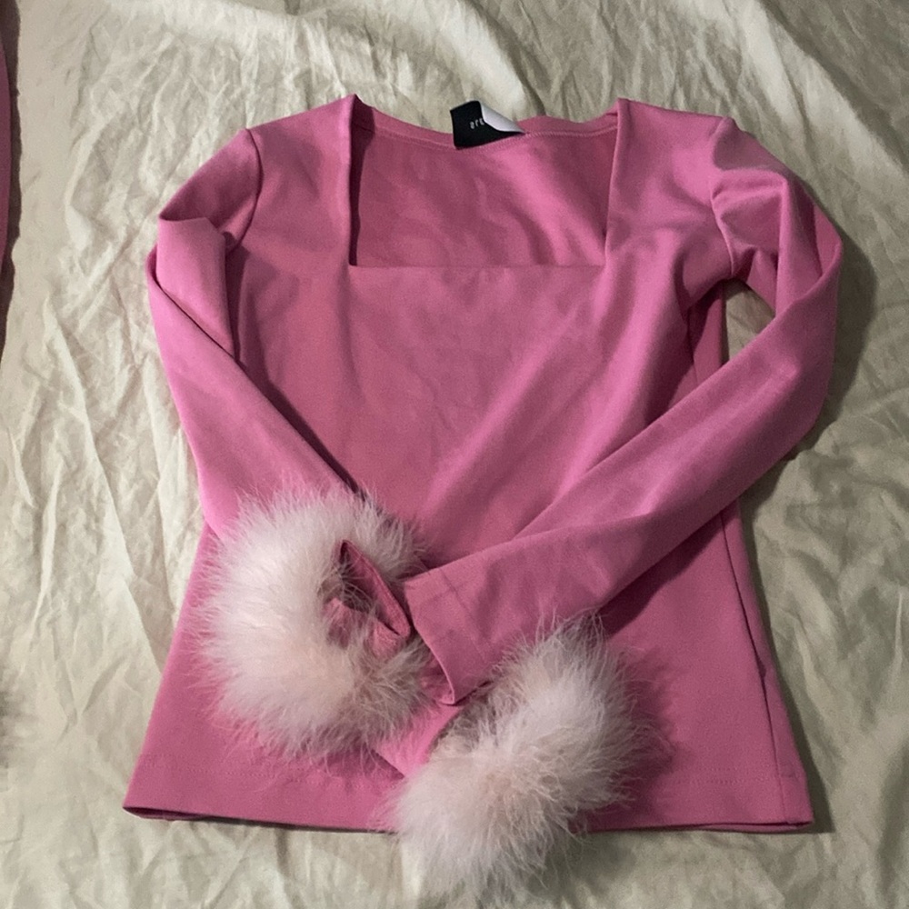 Pink Long Sleeve Top with Faux Fur Cuffs